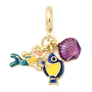 Brass Colorful Enamel Woman Fish Shell Shape European Dangle Charms, Large Hole Pendants with Black Cubic Zirconia, Cadmium Free & Lead Free, Rack Plating, Long-Lasting Plated, Real 18K Gold Plated, 30mm, Hole: 4.5mm