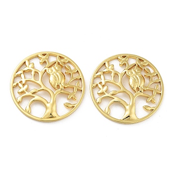 304 Stainless Steel Pendants, Real 18K Gold Plated, Flat Round with Tree of Life, Owl, 27.5x3mm