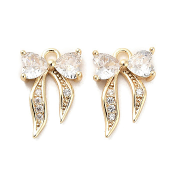Brass Micro Pave Clear Cubic Zirconia Charms, with Glass, Bowknot, Real 18K Gold Plated, 13.5x9x3mm, Hole: 1.4mm