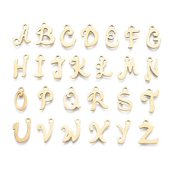 201 Stainless Steel Charms, Laser Cut, Alphabet, Golden, Letter, 10~13x4.5~10x1mm, Hole: 1.4mm