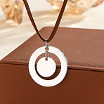 304 Stainless Steel Geometric Ring and Coin Pendant Imitation Leather Cord Necklaces for Women, Saddle Brown, Stainless Steel Color, 24.80 inch(63cm)(WG6D505-01)