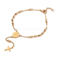 Rosary Bead Bracelets with Cross, 304 Stainless Steel Bracelet for Easter, Oval with Virgin Mary, Golden, 9 inch(23cm)(X-BJEW-E282-02G)
