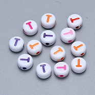 Craft Acrylic Horizontal Hole Letter Beads, Flat Round, Mixed Color, Letter.T, 7x3.5~4mm, Hole: 1.5mm, about 3600pcs/500g(SACR-S201-11T)
