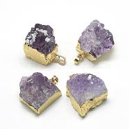 Plated Natural Druzy Amethyst Pendants, with Brass Findings, Square, Golden, 25~35x20~30x20~25mm, Hole: 5x7mm(G-R435-40)