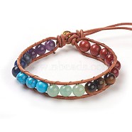 Natural & Synthetic Mixed Stone Cord Beaded Bracelets, with Leather Cord and Alloy Clasps, Om Symbol, Antique Golden, 7-1/4 inch~8-1/8 inch(18.5~20.5cm), 1mm(BJEW-E351-02L)