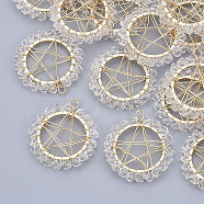 Glass Pendants, Wire Wrapped Pendants, with Real 18K Gold Plated Brass Wires and Linking Rings, Nickel Free, Star, Clear, 26.5x24x3mm, Hole: 2.5mm(KK-S354-004-NF)
