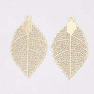 Brass Pendants, Etched Metal Embellishments, Long-Lasting Plated, Leaf, Light Gold, 39x21.5x0.3mm, Hole: 1.6mm(KKC-S001-035KC)