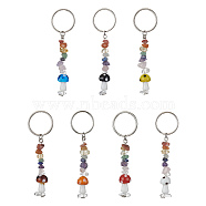 Chakra Natural Gemstone Chips Keychains with Lampwork Mushroom Charm, with Iron Keychain Ring, Mixed Color, 9.2cm(KEYC-JKC00547)