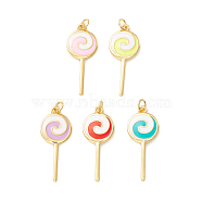 Rack Plating Brass Pendants, with Enamel & Jump Ring, Cadmium Free & Lead Free, Real 18K Gold Plated, Lollipop, Mixed Color, 25x10x1.5mm, Hole: 3.5mm(KK-P210-02G)