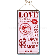 Printed Wood Hanging Wall Decorations, for Front Door Home Decoration, with Jute Twine, Rectangle with Word, Pink, 30x15x0.5cm, Rope: 40cm(WOOD-WH0115-14F)