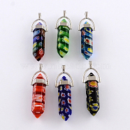 Millefiori Glass Pendants with Alloy Findings, Platinum, Mixed Color, 40~42x8x8mm, Hole: 2mm(LK-R008-M01)