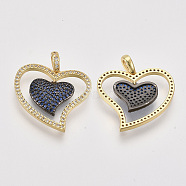 Brass Micro Pave Cubic Zirconia Pendants, Heart, Nickel Free, Gunmetal & Real 18K Gold Plated, Blue, 22.5x22.5x2.5mm, Hole: 2.5x3.5mm(ZIRC-Q022-004G-01-NF)