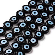 Handmade Evil Eye Lampwork Flat Round Bead Strands, Black, 10x4mm, Hole: 1mm, about 38pcs/strand, 14.96 inch(LAMP-L058-10mm-26)