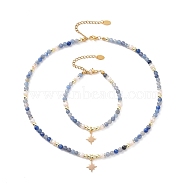 Brass Star Charm Bracelet & Necklace, Natural Blue Aventurine & Pearl Beaded Chains Jewelry Set for Women, Golden, 7-1/4 inch(18.5cm), 16-1/8 inch(41cm), 2Pcs/set(SJEW-JS01268)