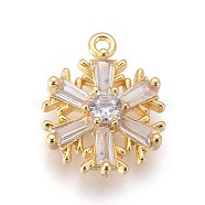 Brass Cubic Zirconia Pendants, Long-Lasting Plated, Christmas Snowflake, Clear, Golden, 17x13x4mm, Hole: 1.2mm(KK-F809-06G)