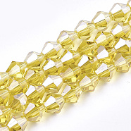 Electroplate Glass Beads Strands, Pearl Luster Plated, Faceted, Bicone, Gold, 6x5.5~6mm, Hole: 1mm, about 44~47pcs/strand, 11.02 inch(EGLA-Q118-6mm-A08)