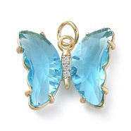 Brass Micro Pave Clear Cubic Zirconia Pendant, with Glass, Butterfly, Golden, Light Cyan, 18mm(ZIRC-P079-B02-07)