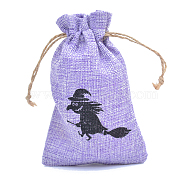 Halloween Burlap Packing Pouches, Drawstring Bags, Rectangle with Witch Pattern, Lilac, 15x10cm(HAWE-PW0001-151F)