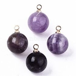Natural Amethyst Charms, with Golden Plated Brass Loops, Round, 14x10.5mm, Hole: 1.5mm(G-N332-024G-10)