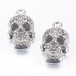 Alloy Rhinestone Pendants, Skull, Platinum, 25x15x7mm, Hole: 2.5mm(ALRI-S165-03P)