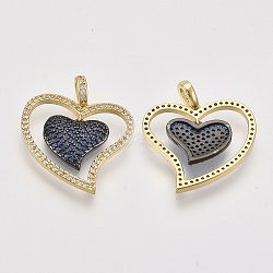 Brass Micro Pave Cubic Zirconia Pendants, Heart, Nickel Free, Gunmetal & Real 18K Gold Plated, Blue, 22.5x22.5x2.5mm, Hole: 2.5x3.5mm(ZIRC-Q022-004G-01-NF)