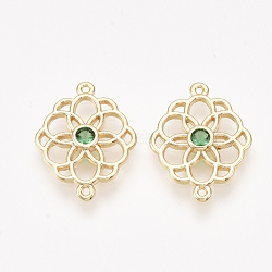 Brass Links connectors, with Cubic Zirconia, Real 18K Gold Plated, Nickel Free, Flower, Green, 20x15x2mm, Hole: 1mm(KK-T038-547B-NF)