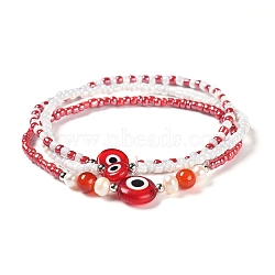 Stretch Bracelets Sets, Stackable Bracelets, with Natural Red Agate/Carnelian(Dyed & Heated) Beads, Evil Eye Handmade Lampwork Beads, Glass Seed Beads, Natural Pearl Beads and Brass Beads, Inner Diameter: 6cm, 3pcs/set(BJEW-JB05316-03)