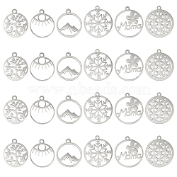 DICOSMETIC 24Pcs 6 Style 201 Stainless Steel Laser Cut Pendants,  Filigree Joiners Findings,  Flat Round, Stainless Steel Color, 17~22x14.5~20x1mm, Hole: 1.5mm, 4pcs/style(STAS-DC0005-68)