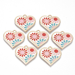 Alloy Enamel Pendants, Cadmium Free & Lead Free, Heart with Flower, Light Gold, Colorful, 21x22x1.5mm, Hole: 2mm(X-ENAM-T011-37KC-RS)