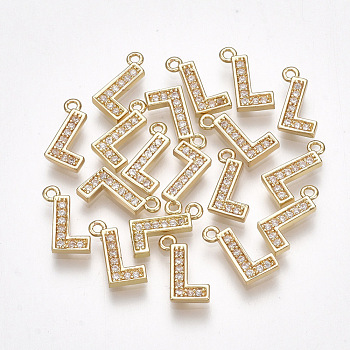 Brass Cubic Zirconia Charms, Letter, Clear, Real 18K Gold Plated, Letter.L, 10x7x1.5mm, Hole: 1mm