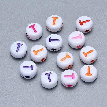 Craft Acrylic Horizontal Hole Letter Beads, Flat Round, Mixed Color, Letter.T, 7x3.5~4mm, Hole: 1.5mm, about 3600pcs/500g