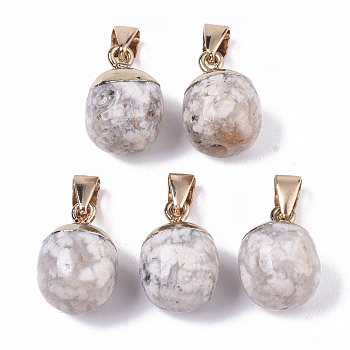 Top Golden Plated Natural Cherry Blossom Agate Pendants, with Iron Snap on Bails & Loop, Barrel, 17~19x11.5~12.5mm, Hole: 4x6mm