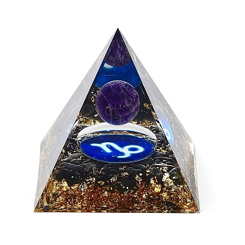 Orgonite Pyramid Resin Energy Generators, Reiki Natural Amethyst Beads Inside for Home Office Desk Decoration, Capricorn, 59.5x59.5x59.5mm