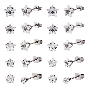 40Pcs 5 Size Crystal Rhinestone Tiny Star Stud Earrings, 304 Stainless Steel Jewelry for Women, with 100Pcs Plastic Ear Nuts, Stainless Steel Color, 4~8x4~8mm, Pin: 0.7mm, 8Pcs/size