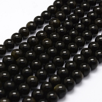 Natural Golden Sheen Obsidian Beads Strands, Round, 6mm, Hole: 1mm, about 61pcs/strand, 15.2 inch