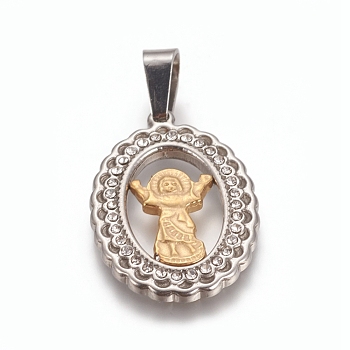 Religion Theme, 304 Stainless Steel Pendants, with Crystal Rhinestone, Oval with Jesus, Golden & Stainless Steel Color, 25x17x2mm, Hole: 6x4mm