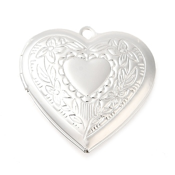Rack Plating Brass Locket Pendants, Photo Frame Pendants for Necklaces, Cadmium Free & Lead Free, Heart with Flower Charm, Silver, 29x29x7mm, Hole: 2mm, Inner Diameter: 20x21mm