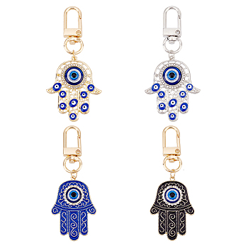 4Pcs 4 Style Alloy Enamel Turkish Evil Eye Pendant Decoration, with Iron Swivel Clasps, Clip-on Charms, for Keychain, Purse, Backpack Ornament, Stitch Marker, Hamsa Hand, Mixed Color, 7.85cm~7.9cm, 1pc/style