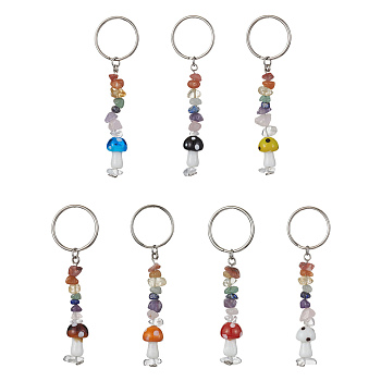 Chakra Natural Gemstone Chips Keychains with Lampwork Mushroom Charm, with Iron Keychain Ring, Mixed Color, 9.2cm