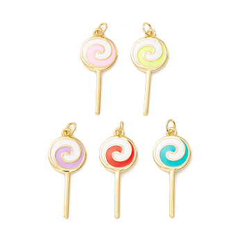 Rack Plating Brass Pendants, with Enamel & Jump Ring, Cadmium Free & Lead Free, Real 18K Gold Plated, Lollipop, Mixed Color, 25x10x1.5mm, Hole: 3.5mm