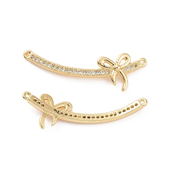 Brass Micro Pave Clear Cubic Zirconia Connector Charms, Bowknot Links, Real 18K Gold Plated, 30.5x9.5x3mm, Hole: 0.8mm