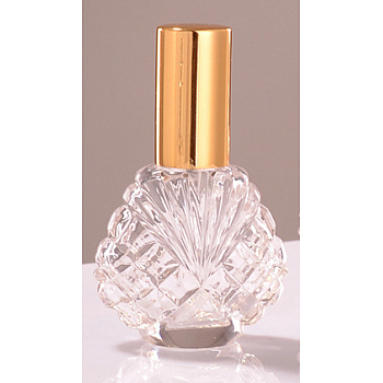 Shell Shape Empty Glass Perfume Spray Bottle, with Aluminum Lid, Fine Mist Atmoizer, Golden, 7.1x4.7cm, Capacity: 15ml(0.51fl. oz)
