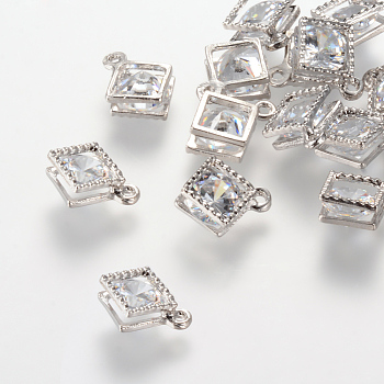 Rhombus Alloy Charms, with Cubic Zirconia, Platinum, 14x11x5mm, Hole: 1.5mm
