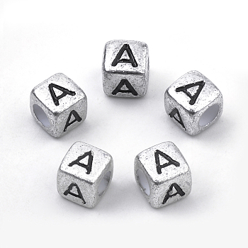 Plated Acrylic Beads, Horizontal Hole, Cube with Letter, Antique Silver, Letter.A, 6mm, Hole: 3mm