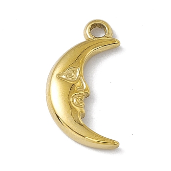 304 Stainless Steel Pendants, Moon with Human Face Charm, Golden, 17.5x9x2.3mm, Hole: 1.6mm