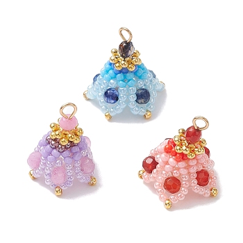3Pcs 3 Style Natural Mixed Gemstone & Glass Seed Pendants, Flower Charms, Mixed Color, 22x17mm, Hole: 2mm, 1Pc/style