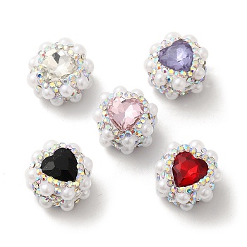 Polymer Clay Rhinestone Beads, with Imitation Pearl, Heart, Mixed Color, 17.5x17x14mm, Hole: 1.6mm