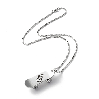 304 Stainless Steel Skateboard with Word Skate Spirit Pendant Necklace, Punk Hip-Hop Jewelry for Women Men, Stainless Steel Color, 20.08~20.94 inch(51~53.2cm)