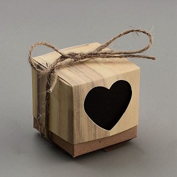 Hollow Heart Window Paper Candy Boxes, with Jute Rope, Square, BurlyWood, Finished Product: 5.1x5.1x5.1cm