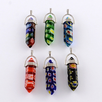Millefiori Glass Pendants with Alloy Findings, Platinum, Mixed Color, 40~42x8x8mm, Hole: 2mm